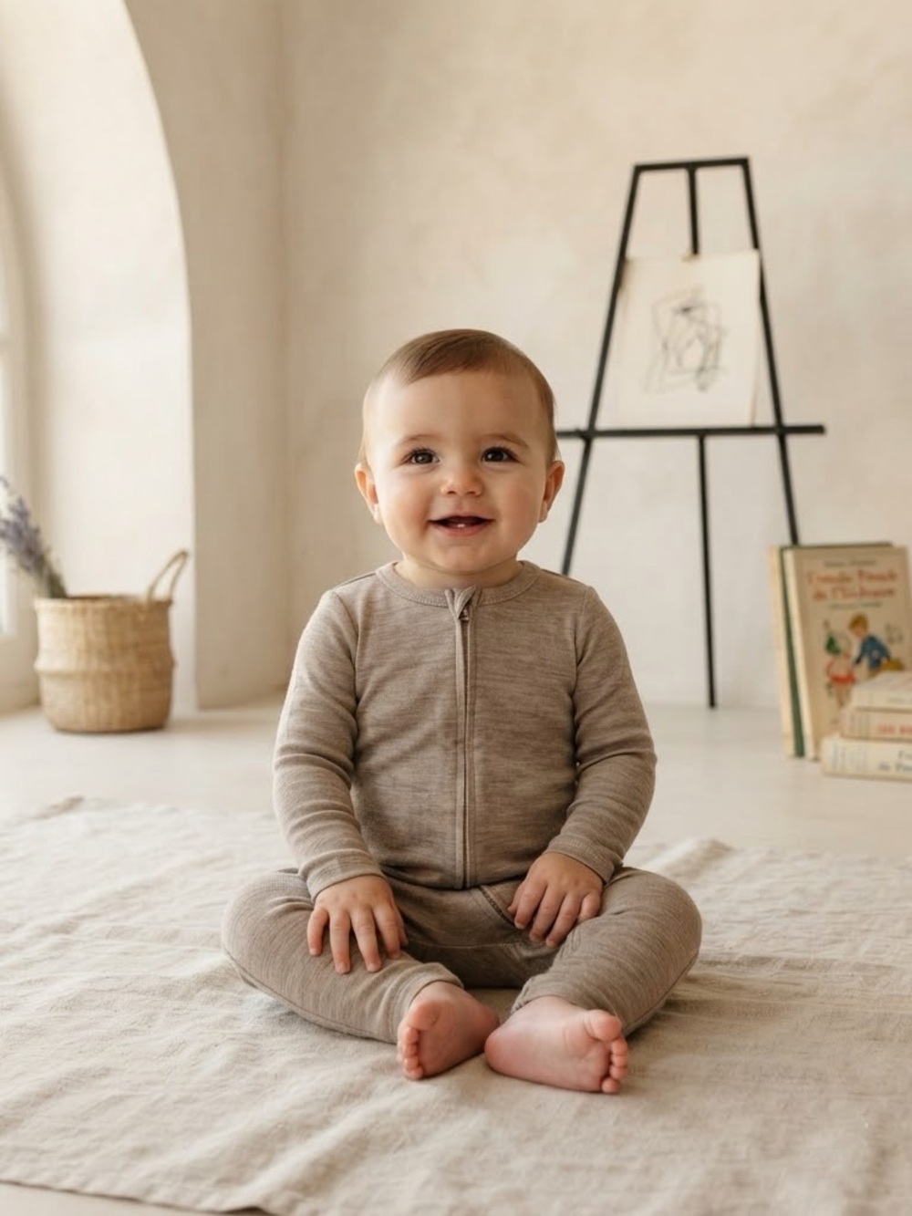 H&M 100% Washable Wool Beige Melange Long Sleeve Zipper Jumpsuit, sz 6-9m